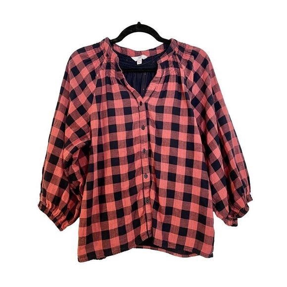 🚨 SALE Time and tru pink buffalo check puff sleeve blouse large - Picture 1 of 8
